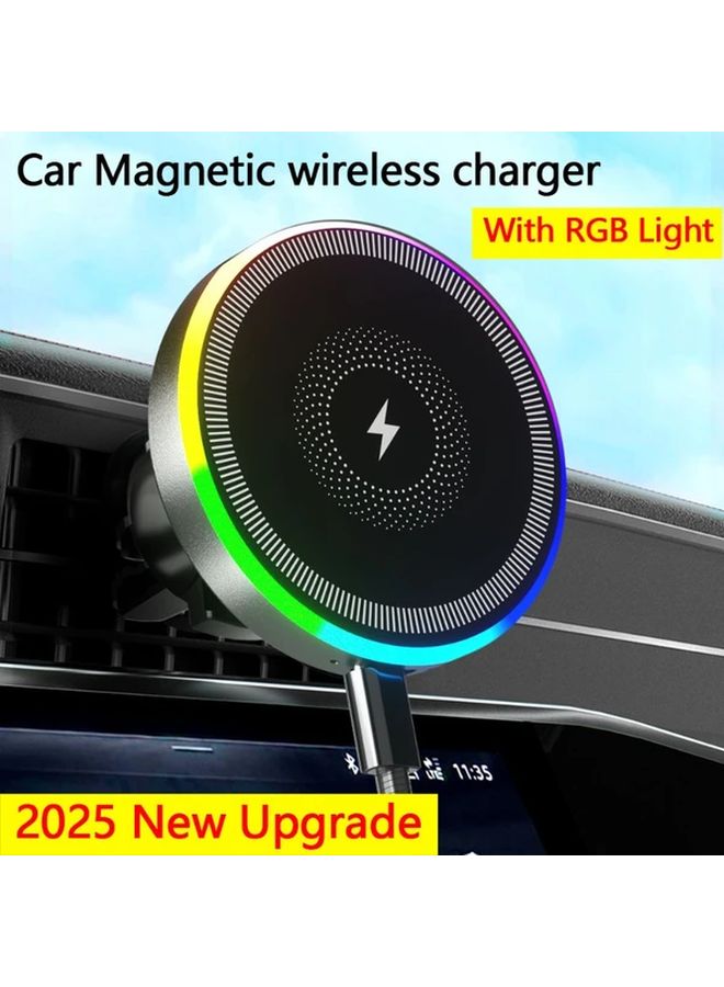 حامل هاتف شحن لاسلكي مغناطيسي للسيارة أسود مع أضواء RGB مثبت على فتحة التهوية - Image 2
