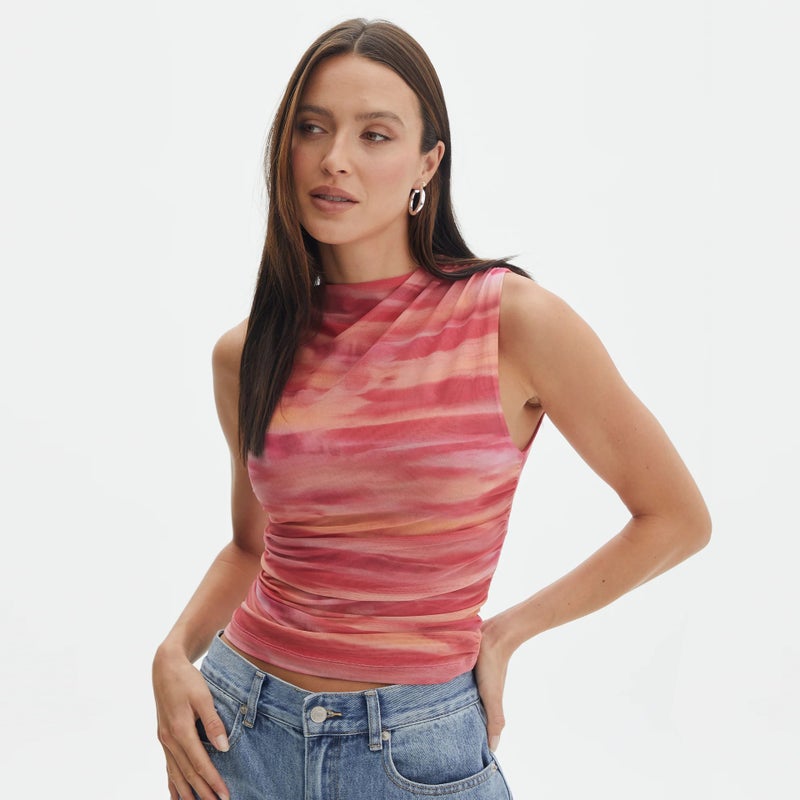New Digital Printing Summer Mesh Stitching Chic Pleated Vest Elegant Slim-Fit Pure Desire Top - Image 1