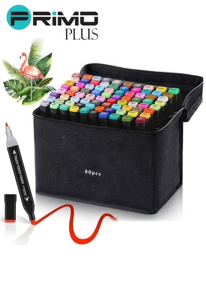 بريمو بلس طقم أقلام ماركر مزدوجة الجانب مكون من 80 قطعة متعدد الألوان ـ ماركرات الوان ذات الناطحتين للأطفال والبالغين للرسم والرسم الدفاتري والرسم بالرصاص للفنانين مع حقيبة النقل - Image 1