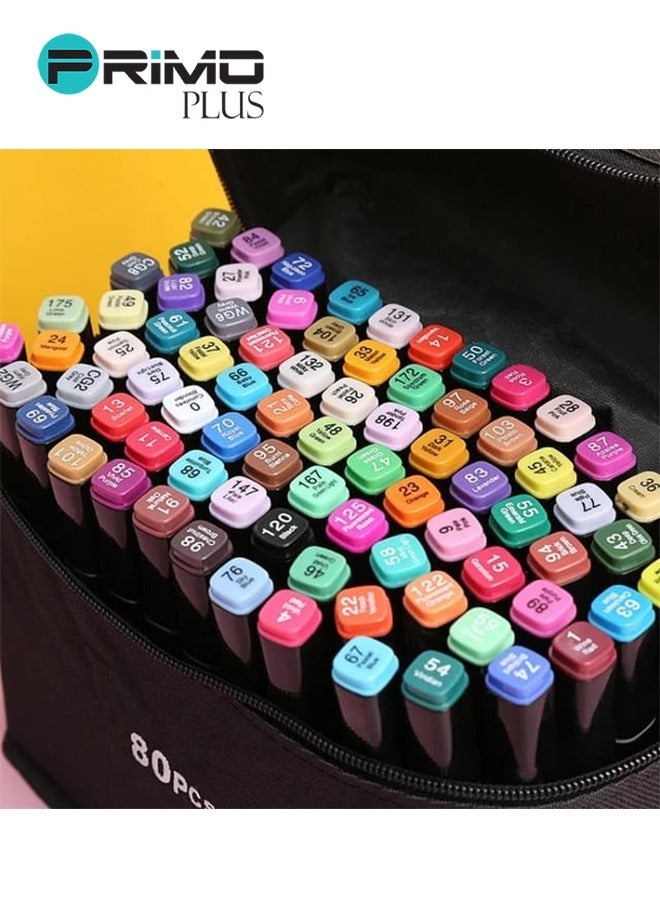 بريمو بلس طقم أقلام ماركر مزدوجة الجانب مكون من 80 قطعة متعدد الألوان ـ ماركرات الوان ذات الناطحتين للأطفال والبالغين للرسم والرسم الدفاتري والرسم بالرصاص للفنانين مع حقيبة النقل - Image 3