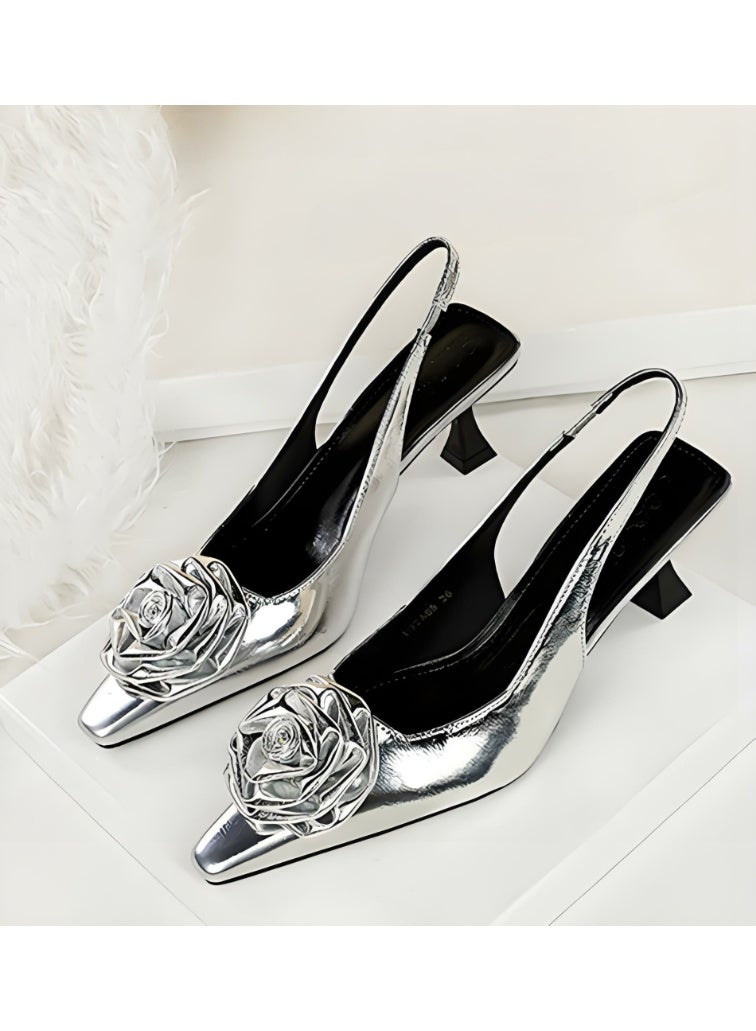 BIGTREE Women's Floral Closed Pointed Toe Pumps Slingback High Heels Sandals With Strap Silver 6CM - Image 1