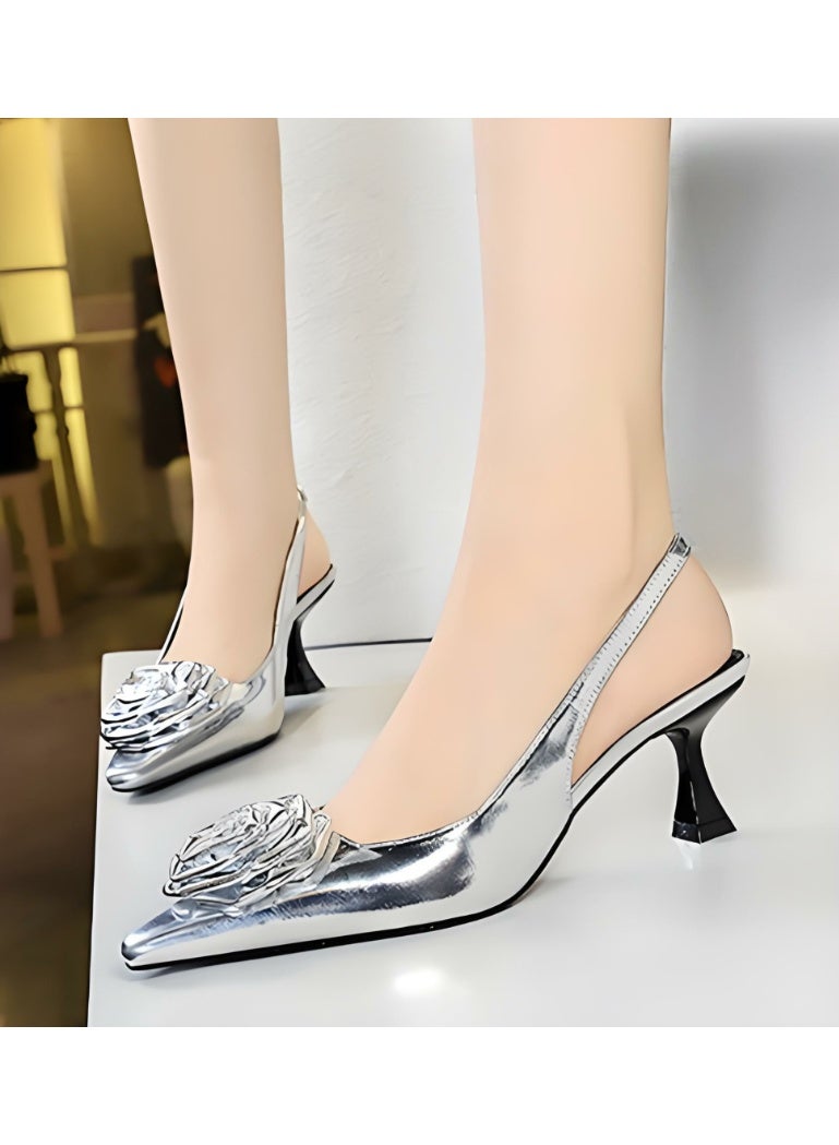 BIGTREE Women's Floral Closed Pointed Toe Pumps Slingback High Heels Sandals With Strap Silver 6CM - Image 3
