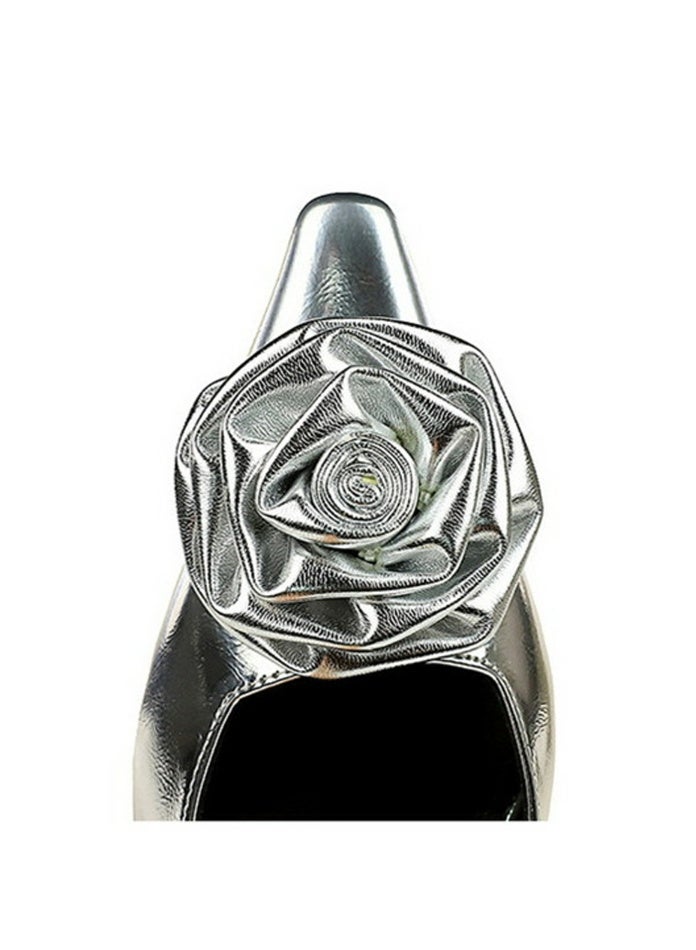 BIGTREE Women's Floral Closed Pointed Toe Pumps Slingback High Heels Sandals With Strap Silver 6CM - Image 4