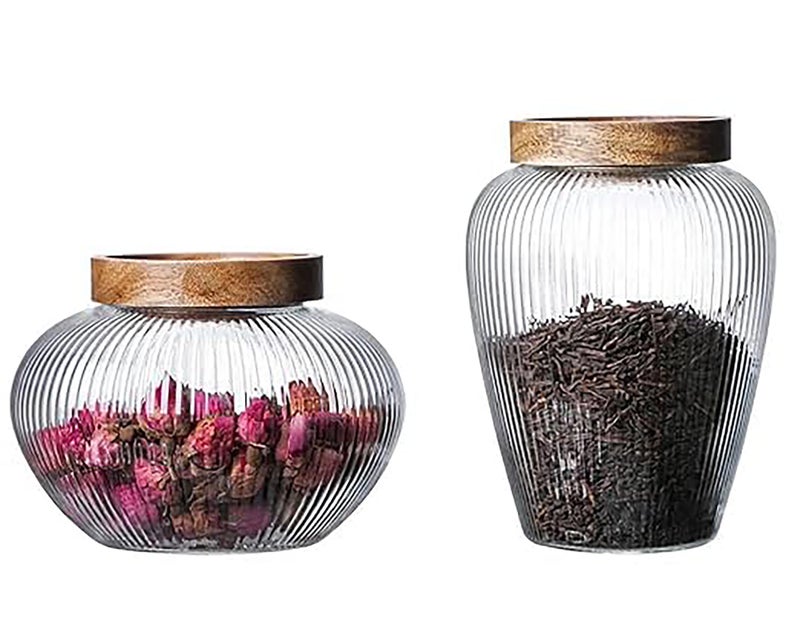 Krevia Food Storage Jar Container | Wood Lids With Glass Jars Vertical sealed Bottle Jar| Food Storage Tank Grains Suitable For Cookie Jar Clear Candy Tea Coffee Beans Set of 2(1100ML+ 950ML) - Image 1
