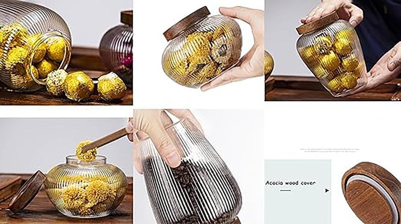 Krevia Food Storage Jar Container | Wood Lids With Glass Jars Vertical sealed Bottle Jar| Food Storage Tank Grains Suitable For Cookie Jar Clear Candy Tea Coffee Beans Set of 2(1100ML+ 950ML) - Image 5