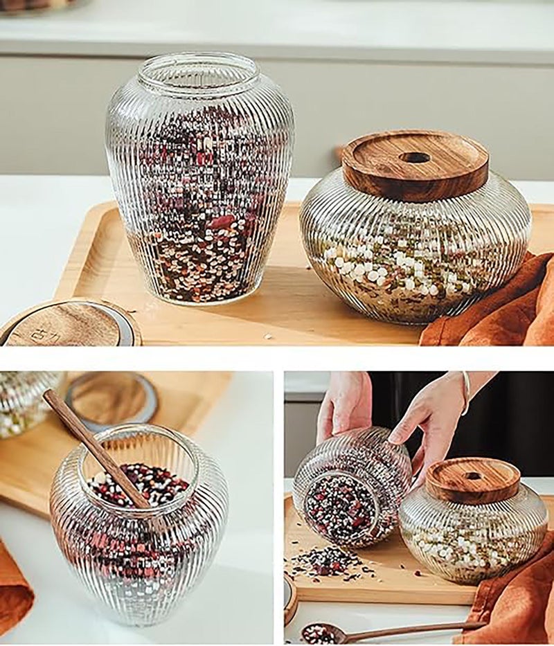 Krevia Food Storage Jar Container | Wood Lids With Glass Jars Vertical sealed Bottle Jar| Food Storage Tank Grains Suitable For Cookie Jar Clear Candy Tea Coffee Beans Set of 2(1100ML+ 950ML) - Image 3