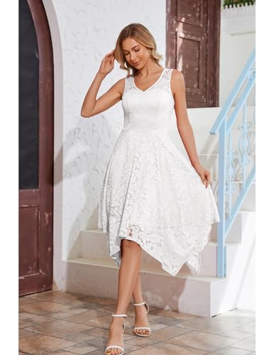 Meetjen V-Neck Cocktail Party Dress Formal Short High Low Lace Wedding Dresses for Bride A Line Reception White S - Image 3
