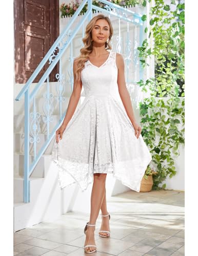 Meetjen V-Neck Cocktail Party Dress Formal Short High Low Lace Wedding Dresses for Bride A Line Reception White S - Image 2