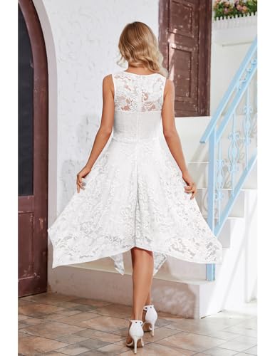 Meetjen V-Neck Cocktail Party Dress Formal Short High Low Lace Wedding Dresses for Bride A Line Reception White S - Image 5