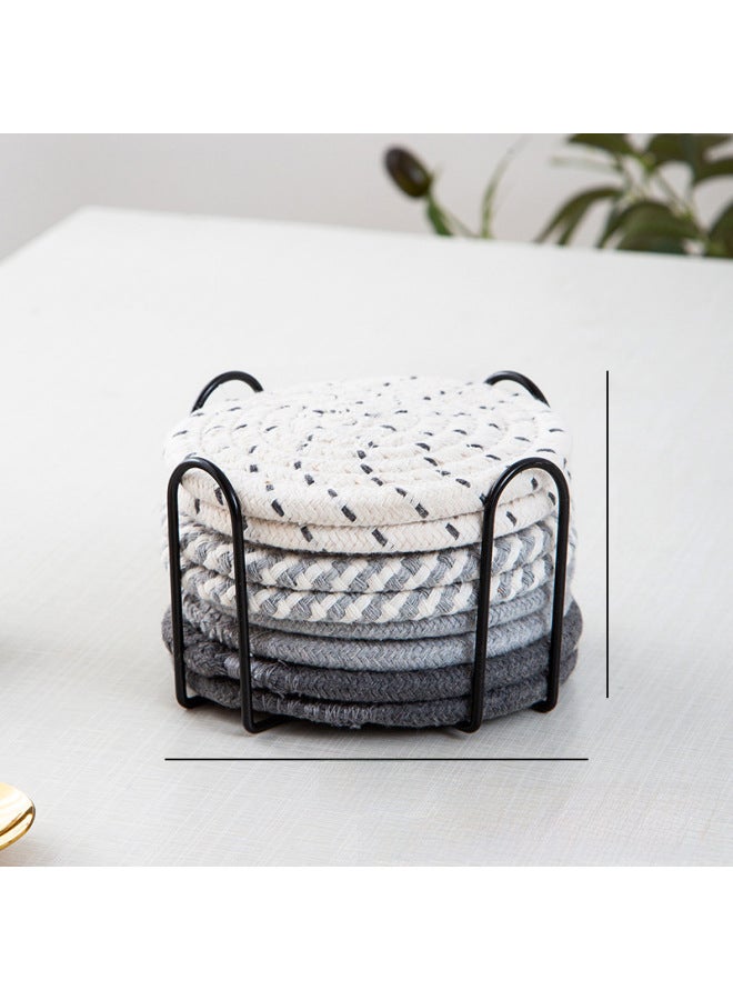 Nordic Ins Cotton Rope Woven Dining Mat Sand Pot Mat Kitchen Table Thickened Heat Insulation Round Cotton Thread Cup-Color:pure White Gray-Specifications:8-piece Storage Rack - Image 5