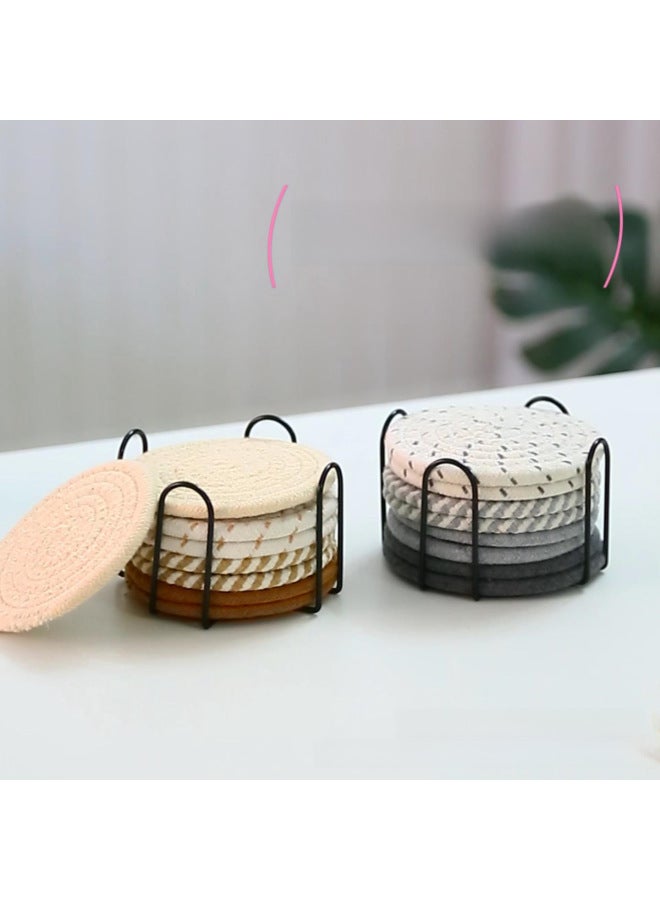 Nordic Ins Cotton Rope Woven Dining Mat Sand Pot Mat Kitchen Table Thickened Heat Insulation Round Cotton Thread Cup-Color:pure White Gray-Specifications:8-piece Storage Rack - Image 2