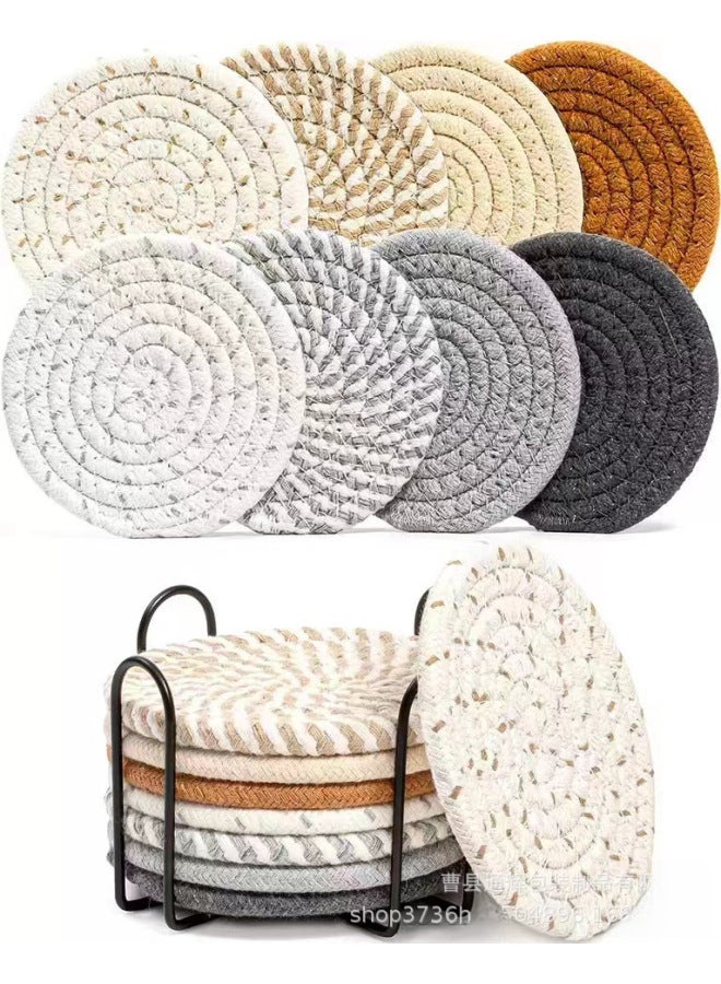 Nordic Ins Cotton Rope Woven Dining Mat Sand Pot Mat Kitchen Table Thickened Heat Insulation Round Cotton Thread Cup-Color:pure White Gray-Specifications:8-piece Storage Rack - Image 3