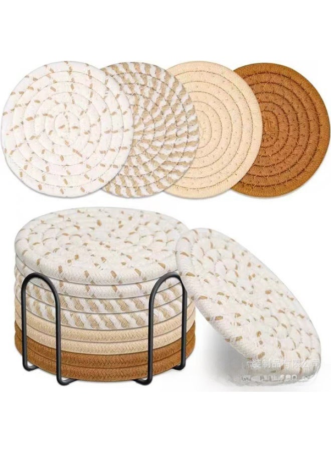 Nordic Ins Cotton Rope Woven Dining Mat Sand Pot Mat Kitchen Table Thickened Heat Insulation Round Cotton Thread Cup-Color:pure White Gray-Specifications:8-piece Storage Rack - Image 4