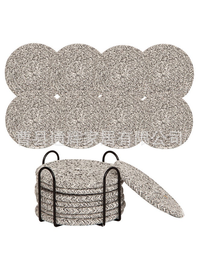 Nordic Ins Cotton Rope Woven Dining Mat Sand Pot Mat Kitchen Table Thickened Heat Insulation Round Cotton Thread Cup-Color:pure White Gray-Specifications:8-piece Storage Rack - Image 1