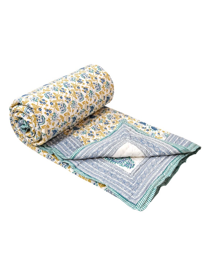 BLOCKS OF INDIA Hand Block Printed 200 TC Cotton King Size Quilt (90 Inch X 108 Inch) (Blue Jaal) - Image 4