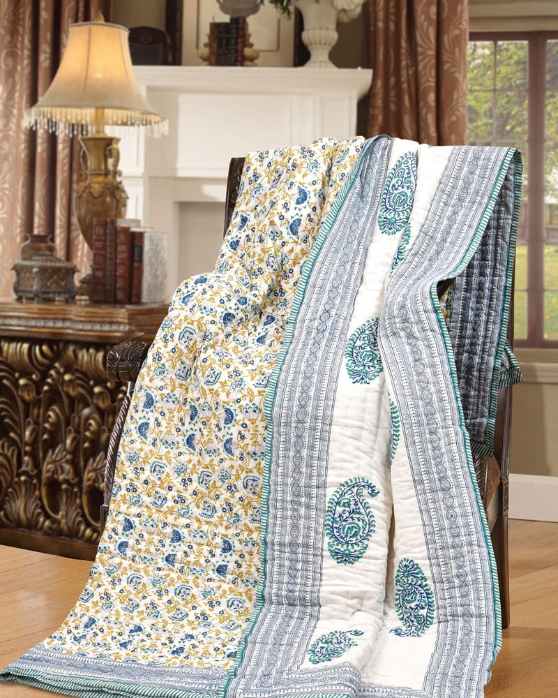 BLOCKS OF INDIA Hand Block Printed 200 TC Cotton King Size Quilt (90 Inch X 108 Inch) (Blue Jaal) - Image 3