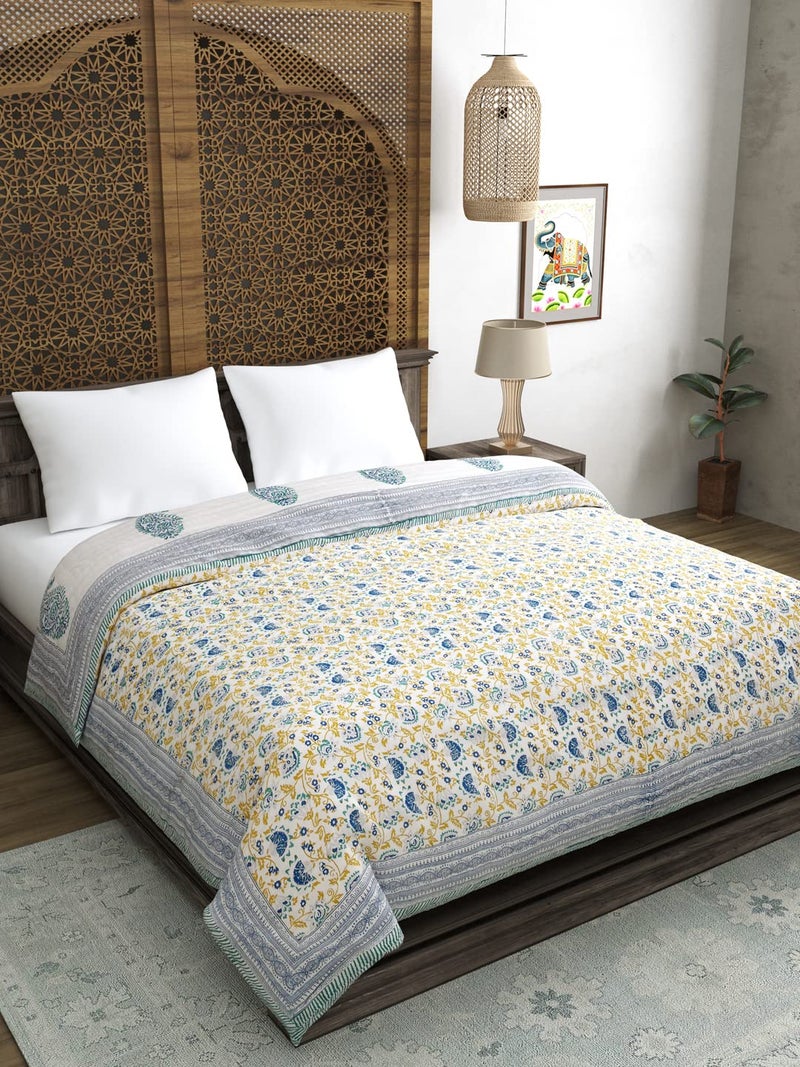 BLOCKS OF INDIA Hand Block Printed 200 TC Cotton King Size Quilt (90 Inch X 108 Inch) (Blue Jaal) - Image 1