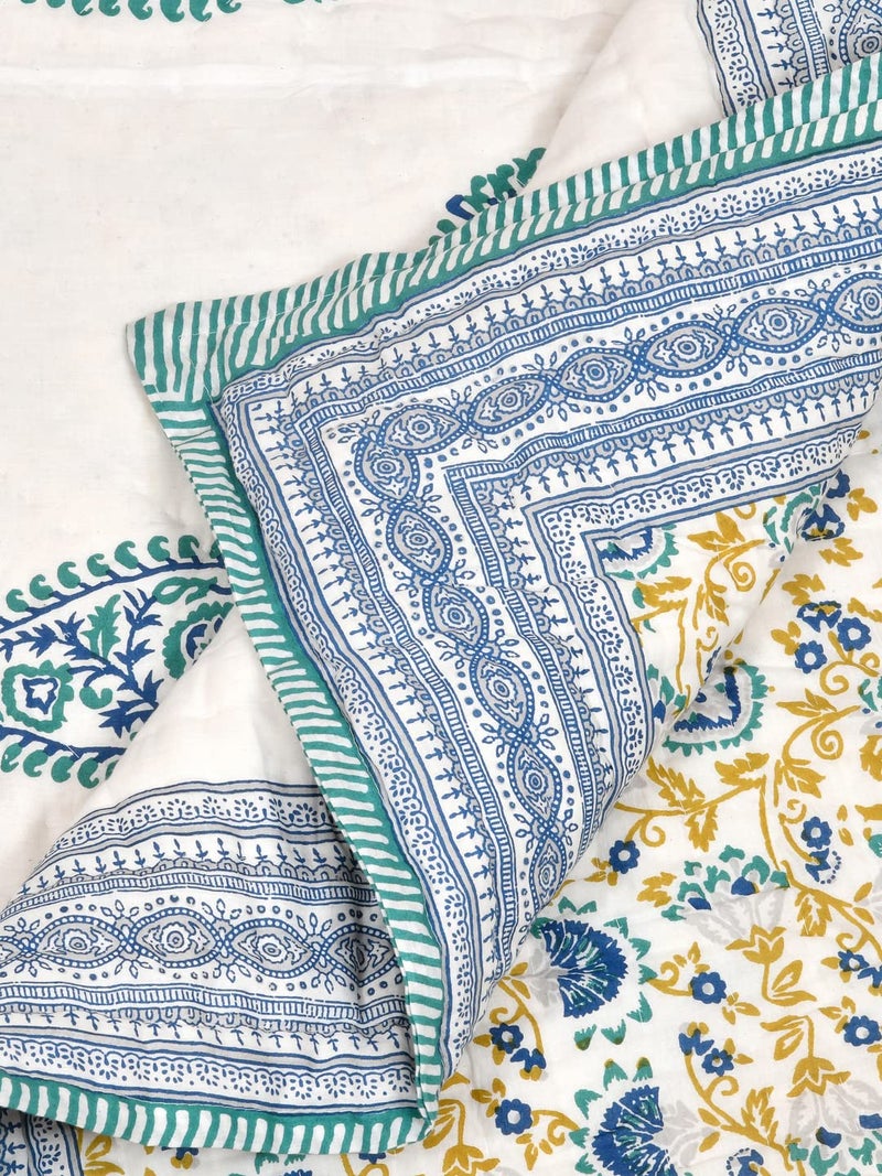 BLOCKS OF INDIA Hand Block Printed 200 TC Cotton King Size Quilt (90 Inch X 108 Inch) (Blue Jaal) - Image 2