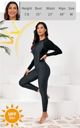 ALLTOKE Womens Full Body Rash Guard with Built in Bra Long Sleeve One Piece Swimsuit UPF50+ Zip Front Bathing Suit Grey M - Image 2