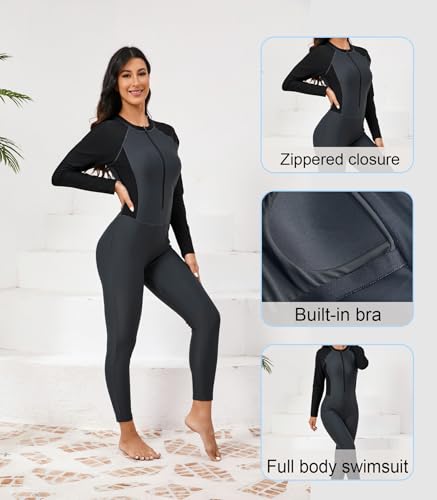 ALLTOKE Womens Full Body Rash Guard with Built in Bra Long Sleeve One Piece Swimsuit UPF50+ Zip Front Bathing Suit Grey M - Image 3