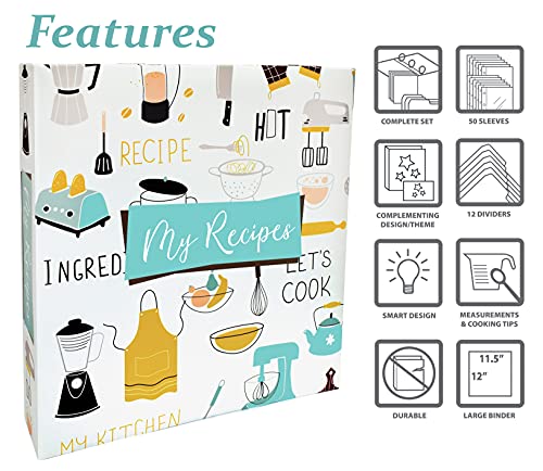 Better Kitchen Products Recipe Binder, Full Page 3 Ring Standard Binder Organizer Set (with 50 Page Protectors & 12 Category Divider Tabs) 11.5" x 12" Vintage Kitchen Design - Image 3