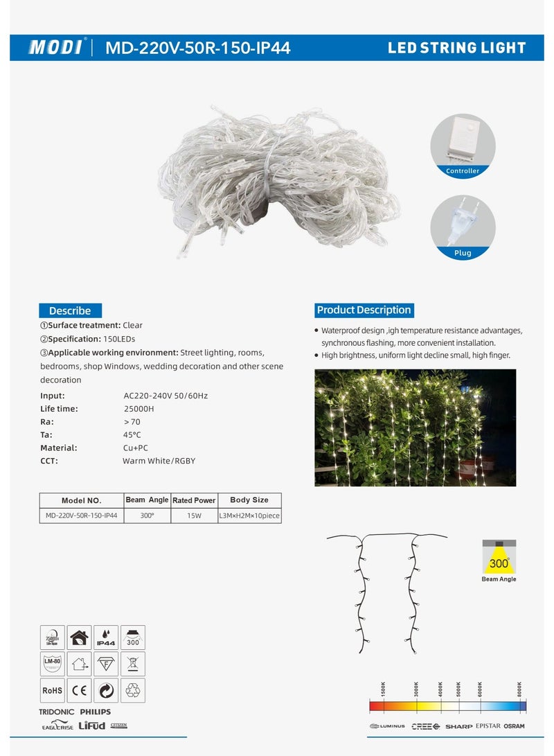 MODI 150LED Warm Yellow String Lights 15W Decorative Fairy Lights with 8 Lighting Modes and Tail Plug for Indoor Outdoor Christmas Party Garden Home Decoration - Image 2