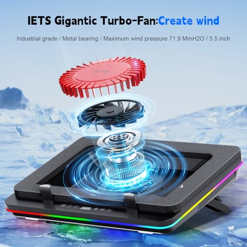IETS GT600 RGB Laptop Cooling Pad Equipped with Gigantic Turbo-Fan（5.5inch Diameter）,Sealed Foam for Rapid Cooling Gaming Laptop,14.1-19.3 inch Laptop Cooler with 3-Port USB Hub,Dust Filter - Image 2