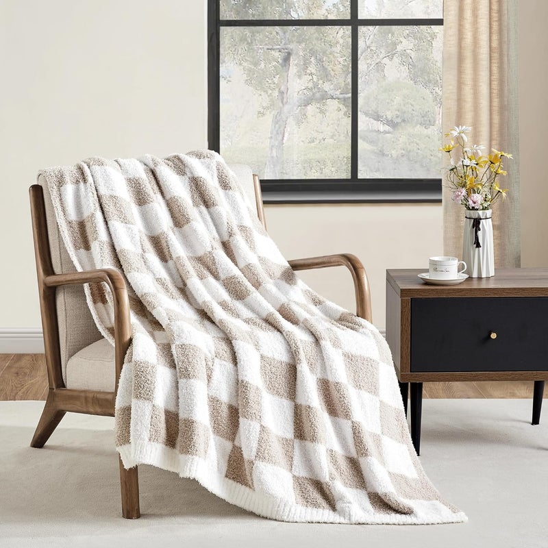 CREVENT Ultra Soft and Plush Reversible Microfiber Throw Blanket for Couch Sofa and Bed (127x152cm Checkered Beige) - Image 1