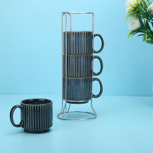 CRAF10 Stackable Ceramic Tea and Coffee Cups Set of 4, 200ml Each | Glossy Blue Mugs | Microwave and Dishwasher Safe | Ideal for Gifting and Daily Use - Image 1