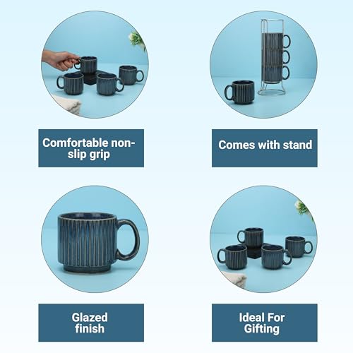 CRAF10 Stackable Ceramic Tea and Coffee Cups Set of 4, 200ml Each | Glossy Blue Mugs | Microwave and Dishwasher Safe | Ideal for Gifting and Daily Use - Image 3
