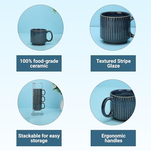 CRAF10 Stackable Ceramic Tea and Coffee Cups Set of 4, 200ml Each | Glossy Blue Mugs | Microwave and Dishwasher Safe | Ideal for Gifting and Daily Use - Image 2