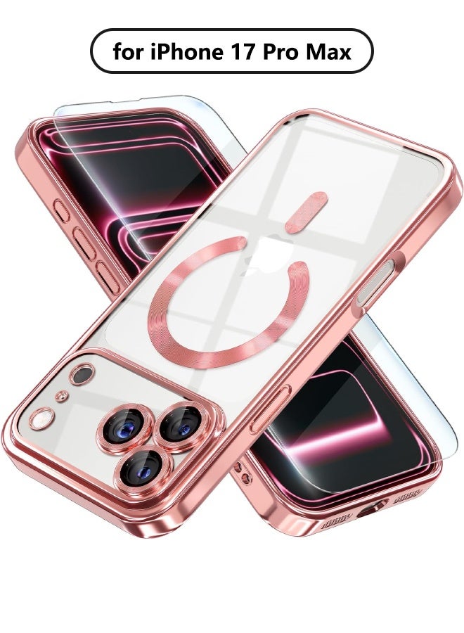 Magnetic for iPhone 17 Pro Max Case with Screen Protector, Compatible with MagSafe [Never Yellowing] [Drop Protection] Full Camera Lens Protector Plating Soft Clear Phone Case for Women, Pink - Image 1