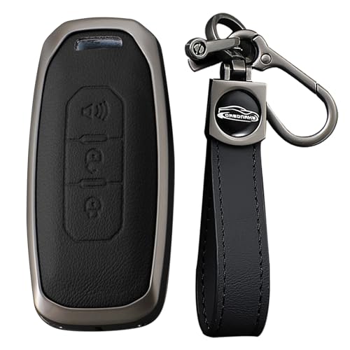 KUNIO Leather Metal Car Key Fob Cover Fit for Ford Taurus Territory Kuga EV Key Protective Cover Keychain Key Holder Automotive Interior Accessories 3 Button Smart Key B Black - Image 1