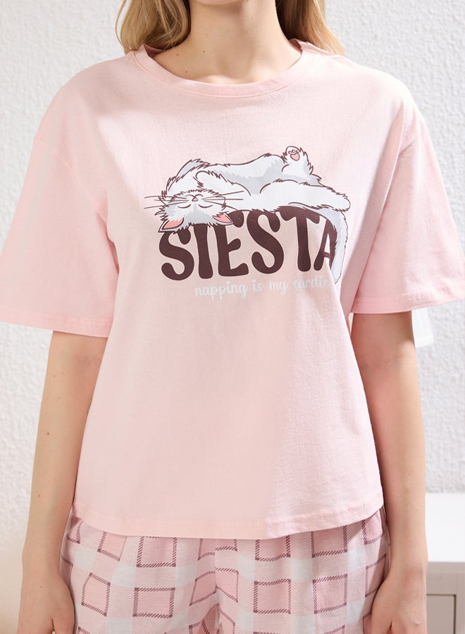 trendyol Pink % Cotton Cat Printed Plaid Shorts Knitted Pajama Set - Image 4