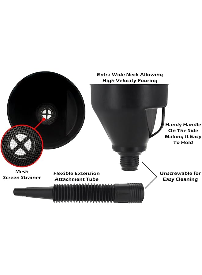Oil Funnel With Hose - Wide Mouth Gas Funnel With Handle - Large Funnels For Automotive Use - Long Flexible Spout Extension, Removable Mesh Filter For Water, Fuel, Transmission, Oil Change - Image 2