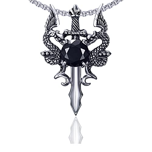 Xusamss Punk Titanium Steel Wing Dragon Crystal Pendant Sword Necklace,24inches Link Chain - Image 1