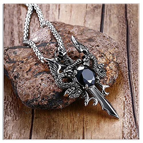 Xusamss Punk Titanium Steel Wing Dragon Crystal Pendant Sword Necklace,24inches Link Chain - Image 5
