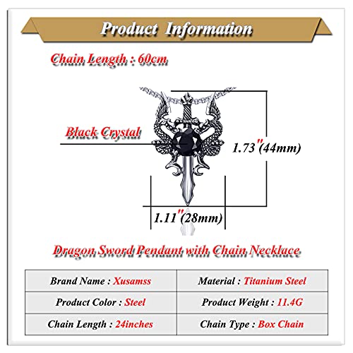 Xusamss Punk Titanium Steel Wing Dragon Crystal Pendant Sword Necklace,24inches Link Chain - Image 2