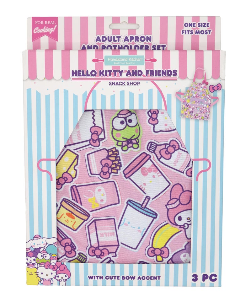 Handstand Kitchen Hello Kitty and Friends Snack Shop Print 28" Adult Apron and Bow Shaped Pot Holder Set - Image 1