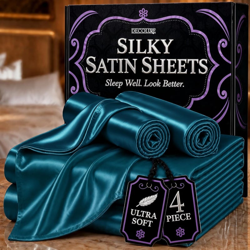 DECOLURE Satin Sheets Full Size Set 4 Pcs - Silky & Luxuriously Soft Satin Bed Sheets w/ 15inch Deep Pocket - Similar to Silk Sheets - Double Stitching, Wrinkle Free (Sea Teal) - Image 1