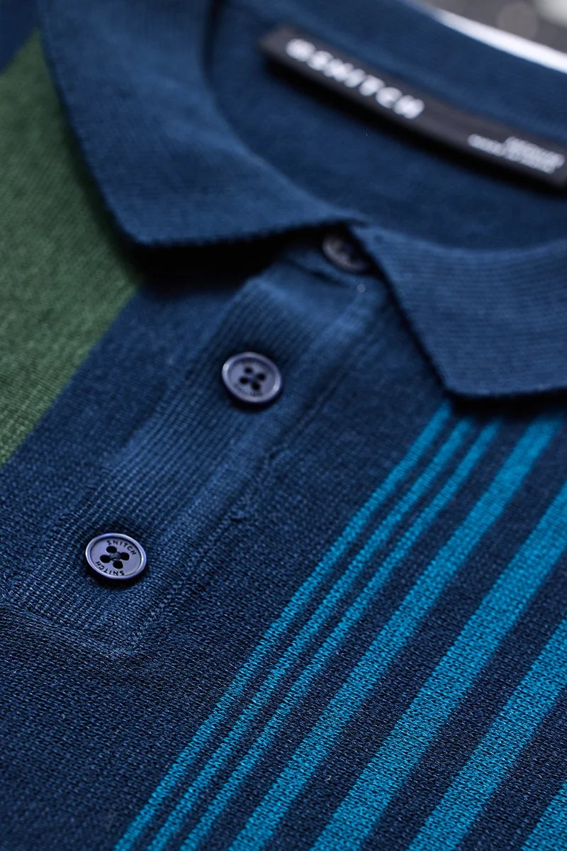 سنيتش Navy Striped Half Sleeve Slim Fit T-Shirt