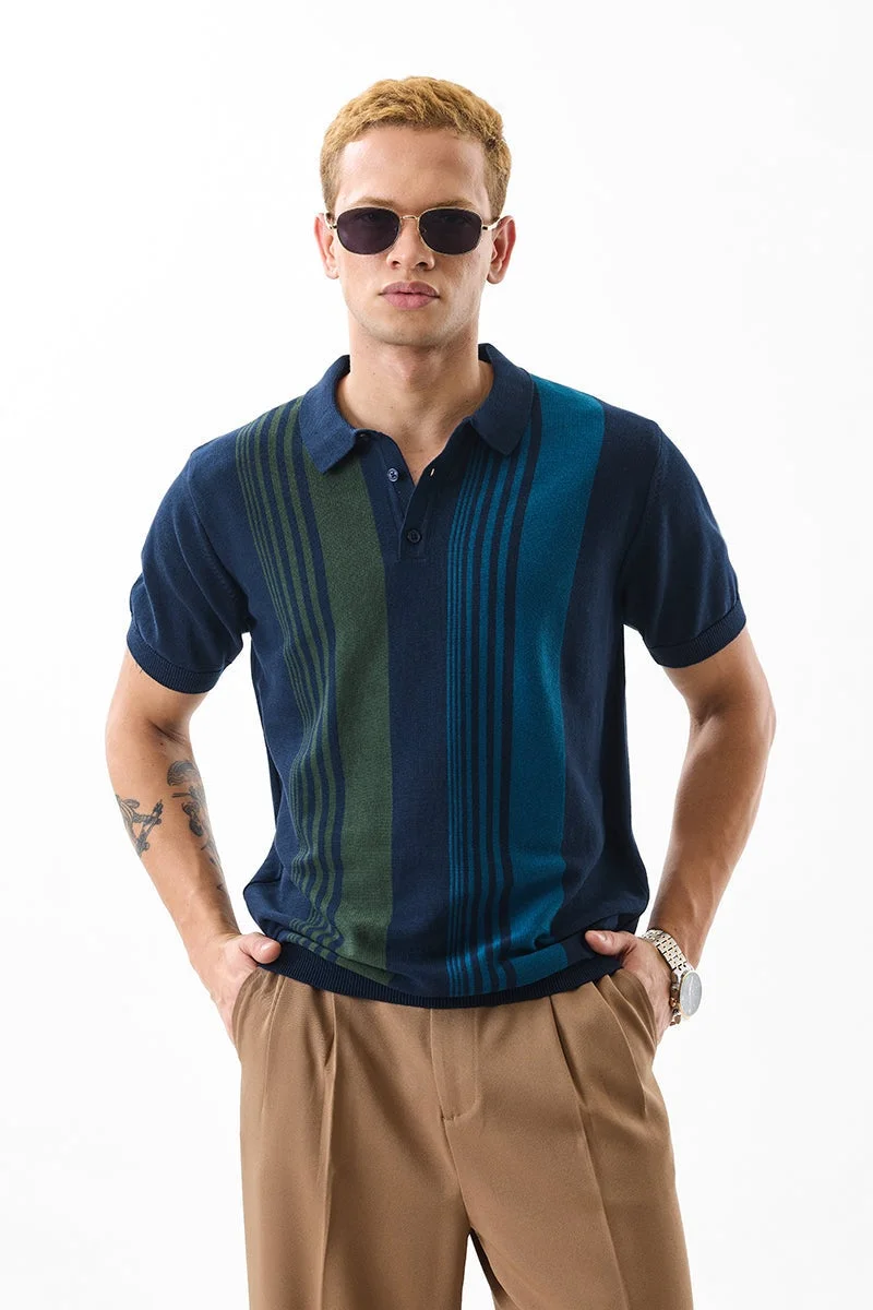 سنيتش Navy Striped Half Sleeve Slim Fit T-Shirt