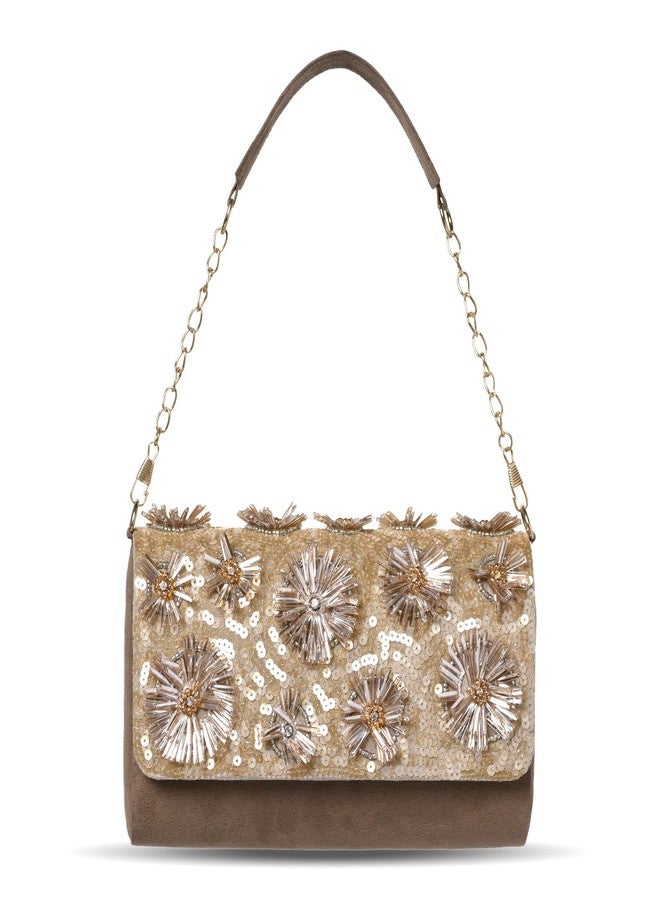 MARKQUES Handmade Embellished Brown Milly Flower Clutch Purse - Image 1