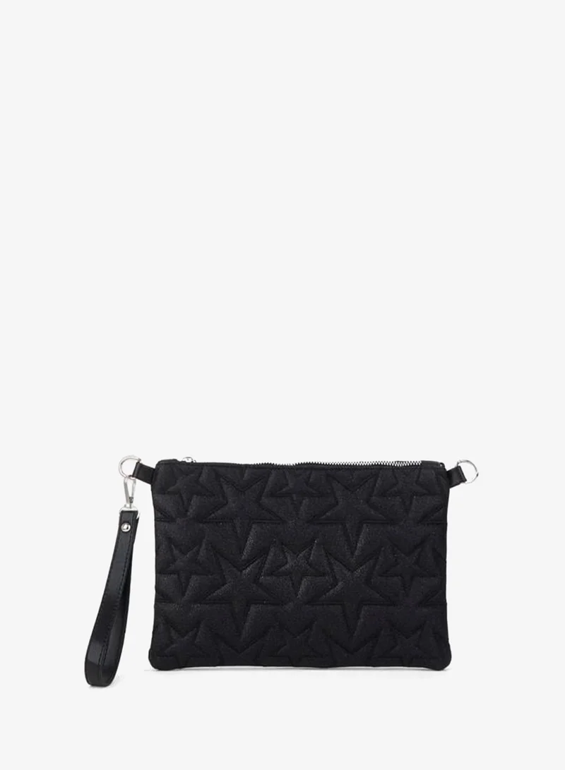 Women's Black Glitter Star Embroidered Synthetic Leather Wrist and Chain Strap Portfolio Hand and Clutch Bag.