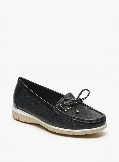 Flora Bella By Shoexpress Textured Slip On Loafers with Bow Accent