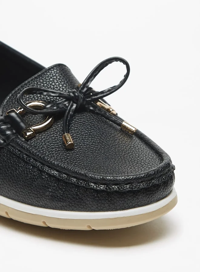 Flora Bella By Shoexpress Textured Slip On Loafers with Bow Accent