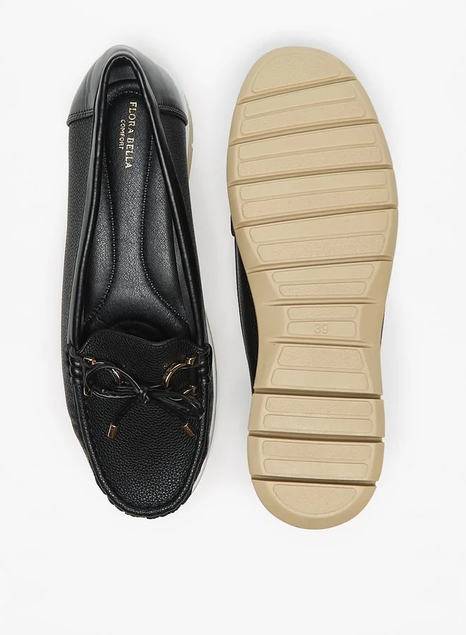 Flora Bella By Shoexpress Textured Slip On Loafers with Bow Accent