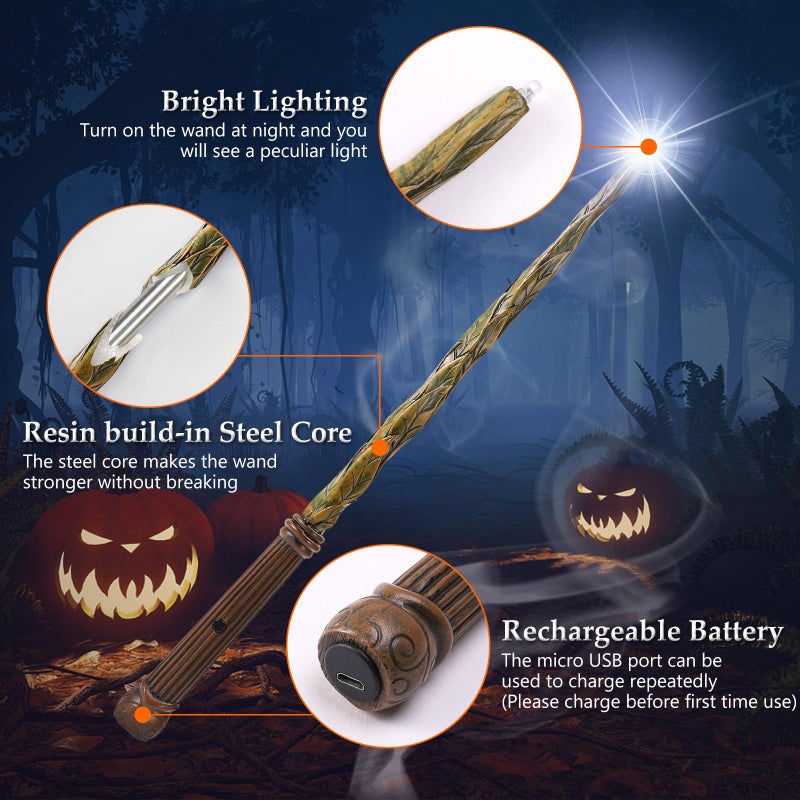 ChampWe Light Up Magic Wizard Wand Rechargeable Illuminating Toy for Kids Witch Collection Cosplay Accessories with Spellbook and Gift Box Leaf - Image 3