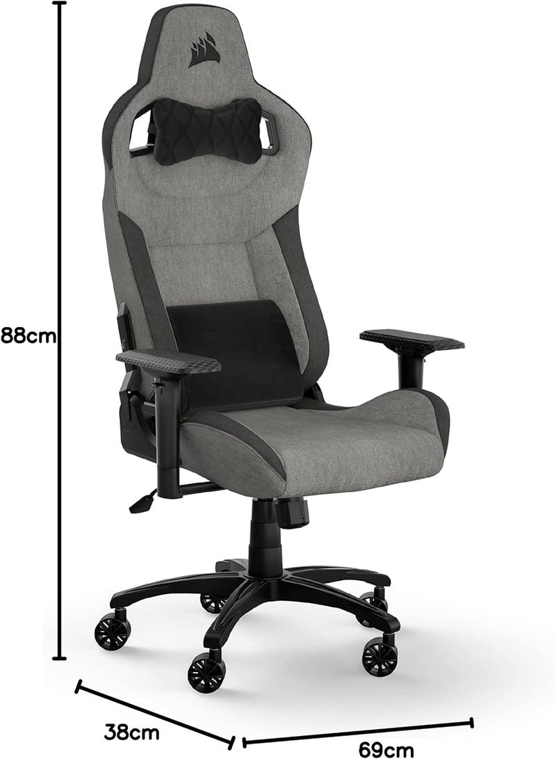Corsair T3 RUSH Fabric Gaming Chair (2023) – Racing-Inspired Design – Soft Fabric Exterior – Padded Neck Cushion – Memory Foam Lumbar Support – Adjustable Seat Height – Grey & Charcoal - Image 1
