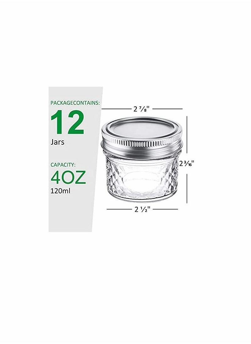 KASTWAVE - 4 Oz Mason Jars Glass Mini Canning Jelly Jars with Airtight Regular Mouth Lids & Band, Quilted Crystal Jars for Jams, Spice, Food Storage, Wedding/Shower Favors, Preserves, Drinking-12 Pack - Image 1